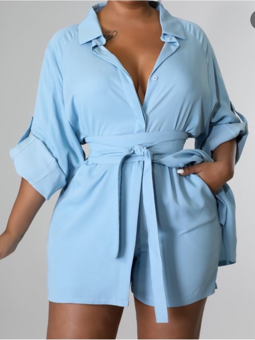 Light Blue Tie-Waist Romper Jumpsuit